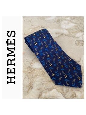 Hermes 100% Silk Tie Floral Blue Dianthus